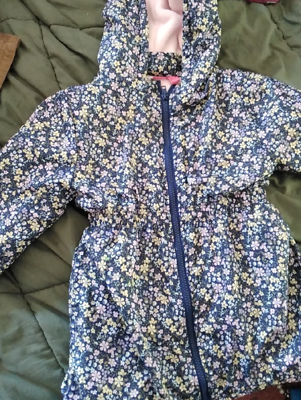 Penelope Mack Navy Floral Hooded Raincoat with Pink Lining And Waistband Size 6